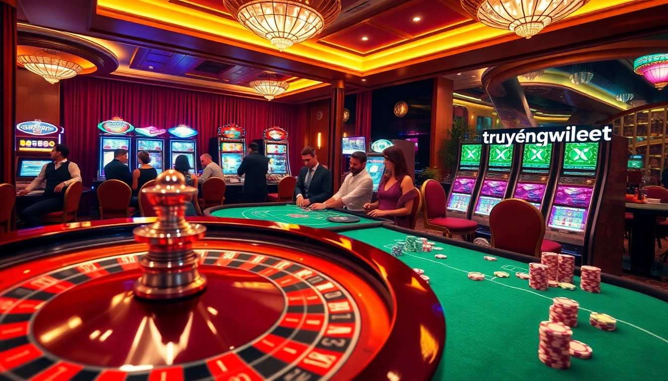 Exciting gaming atmosphere at a casino integrating truyenqqviet visuals with roulette wheel and poker chips.