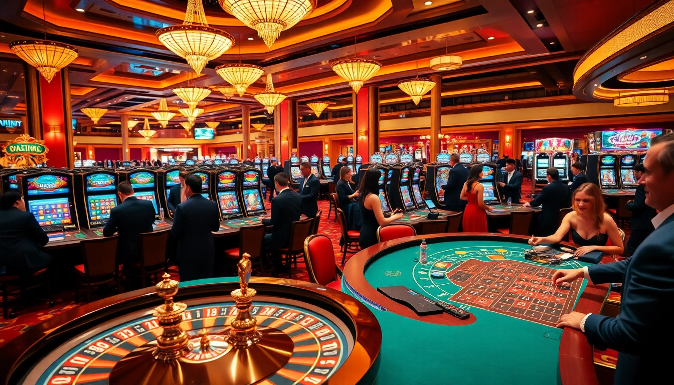 Experience the thrill of Casino WIN678 with players enjoying blackjack and slot machines in luxury.