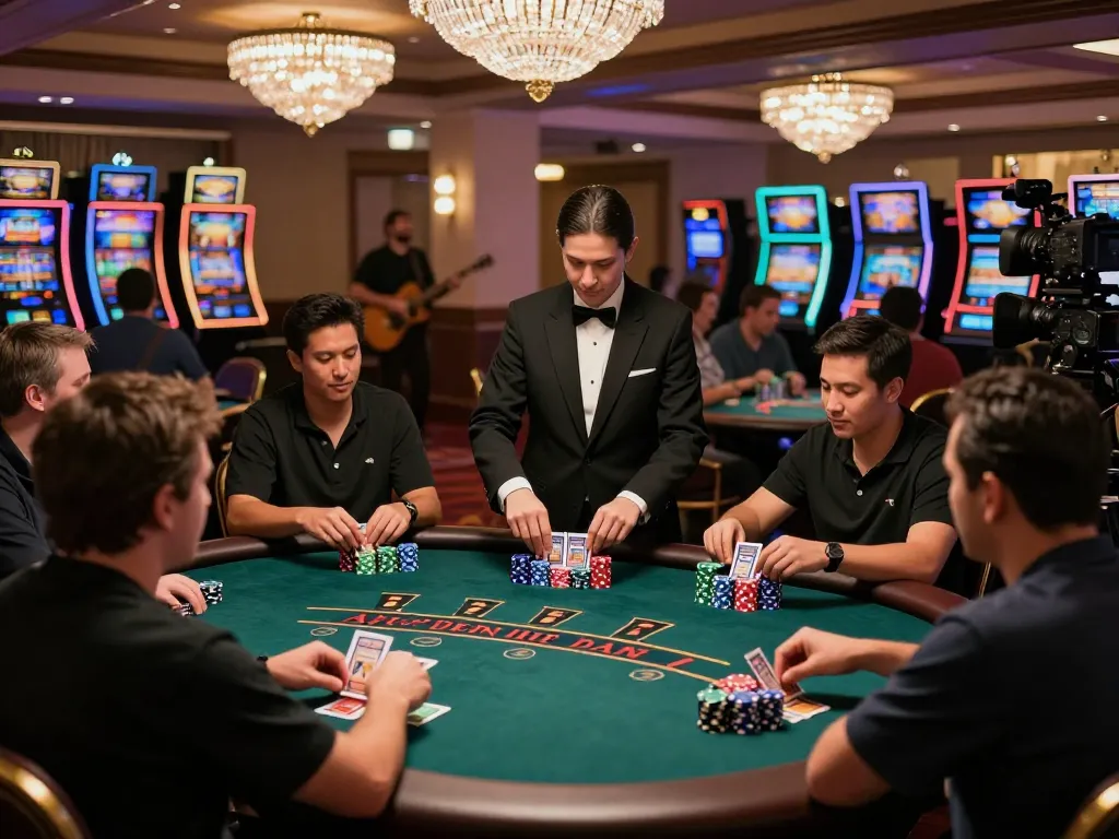 Players enjoying a thrilling blackjack game at a vibrant casino floor with SC88 chips and cards in action.