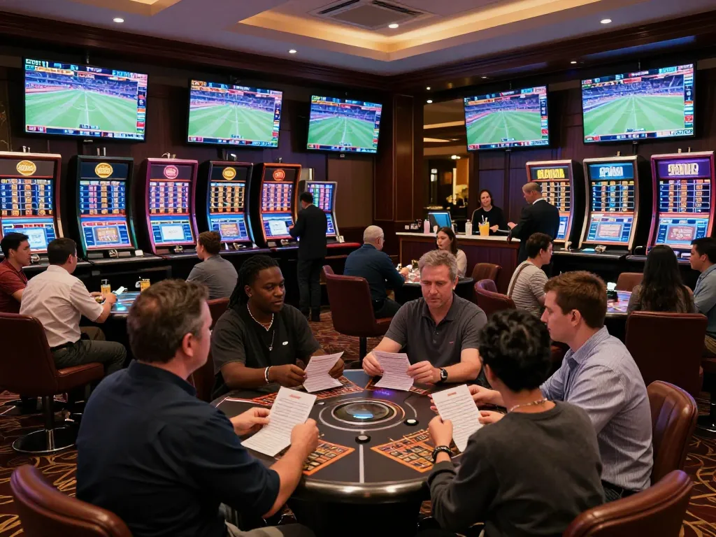 Active sports betting scene at keonhacaii88 with enthusiastic bettors analyzing odds.