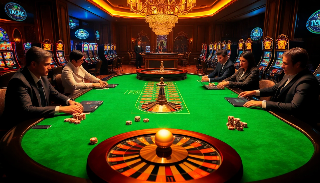 Players enjoying thrilling games at 77ball cc casino table, showcasing excitement and luxury.