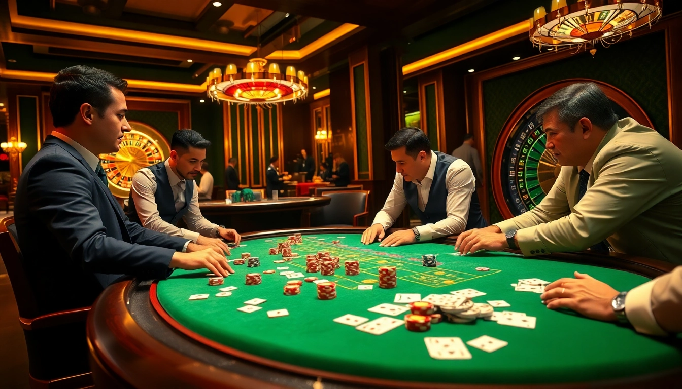 Daga gamblers enjoying a vibrant casino scene with poker chips, cards, and a roulette wheel.