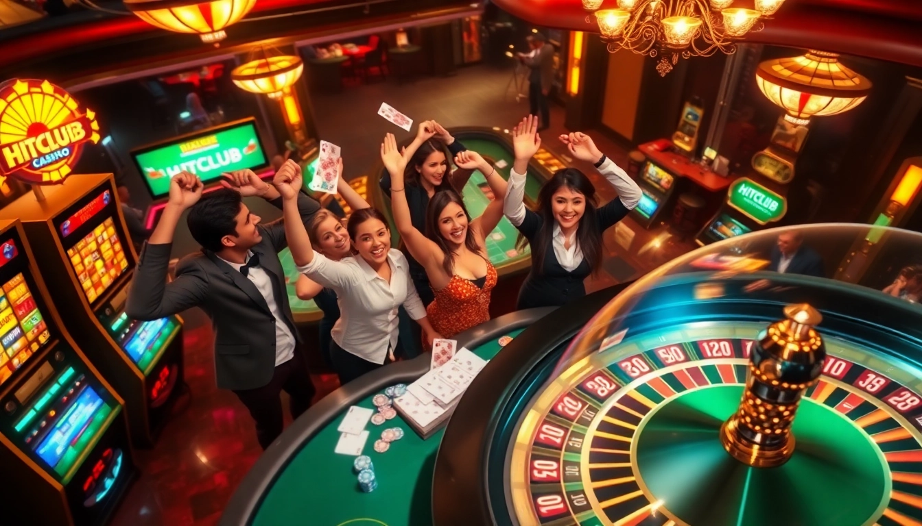 Excited players celebrate wins at HITCLUB casino with vibrant slot machines and roulette tables.
