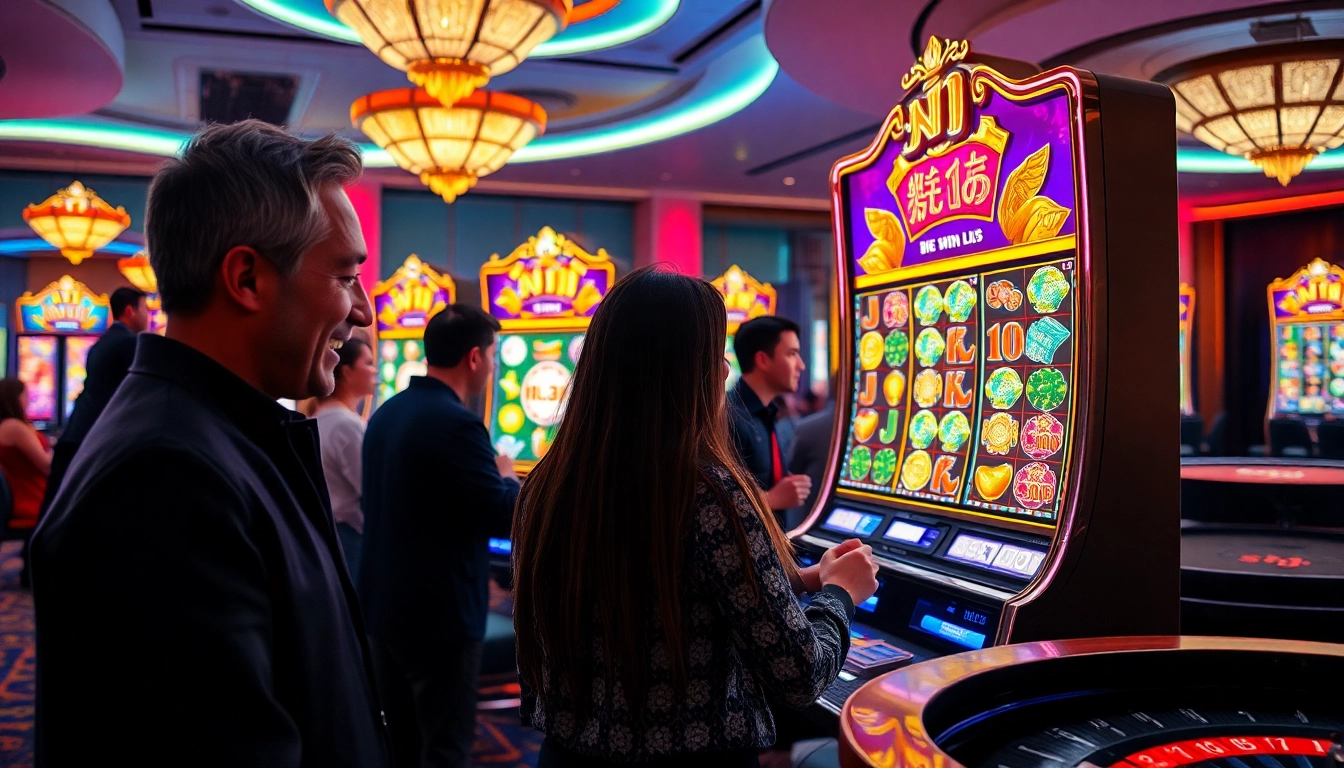 Excited players engaging with a nổ hũ slot machine in a vibrant casino atmosphere.