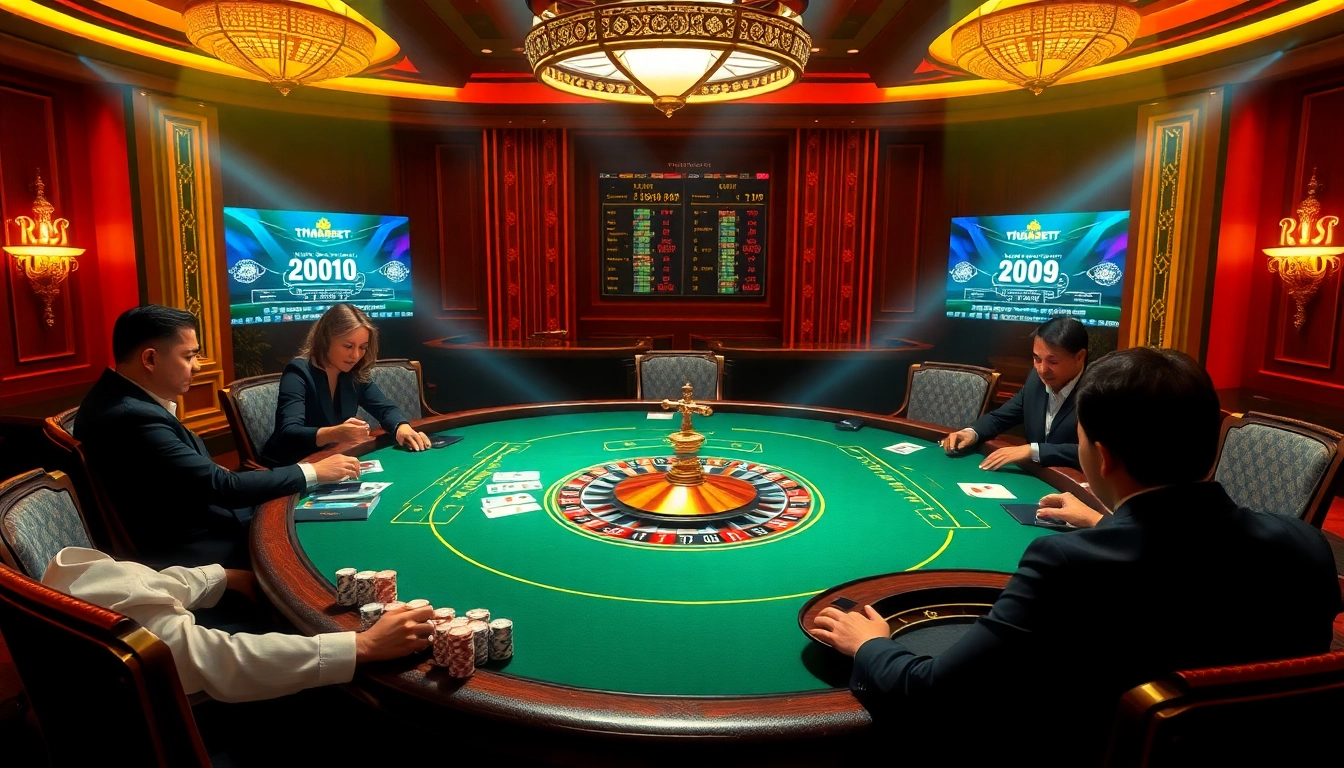 Experience the thrill of online gambling at https://thabet1.net/ with a vibrant casino scene featuring a roulette table and excited players.