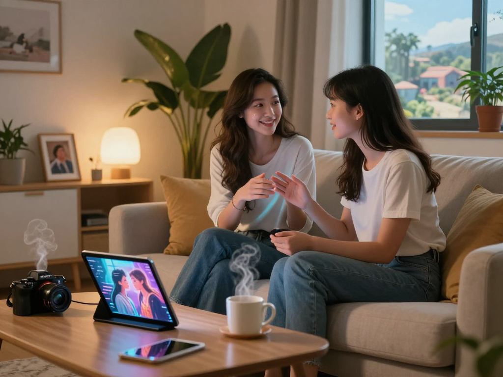 A young woman interacts with her AI girlfriend in a cozy digital space, showcasing the essence of virtual relationships.
