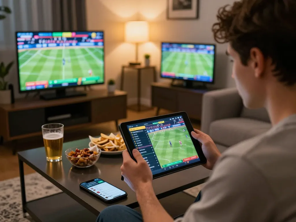 Intensely focused on online betting, a user analyzes debet odds on a tablet amidst a vibrant sports event.