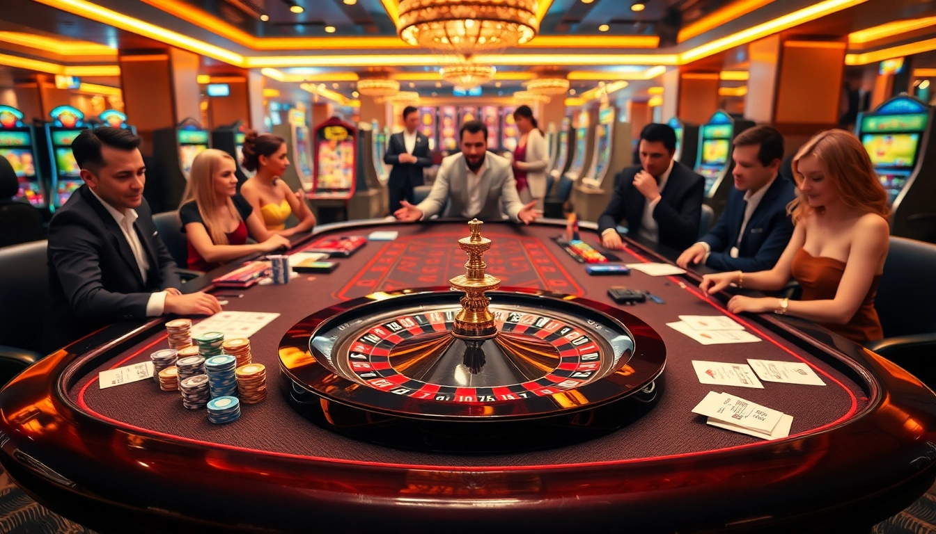 Engaging scene of casino gamblers enjoying SCLUB88 CO at an elegant table with poker chips and cards.