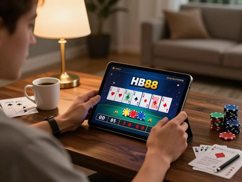 Player engaging in online gaming at home on HB88, showcasing tablet screen with poker game interface and strategic notes