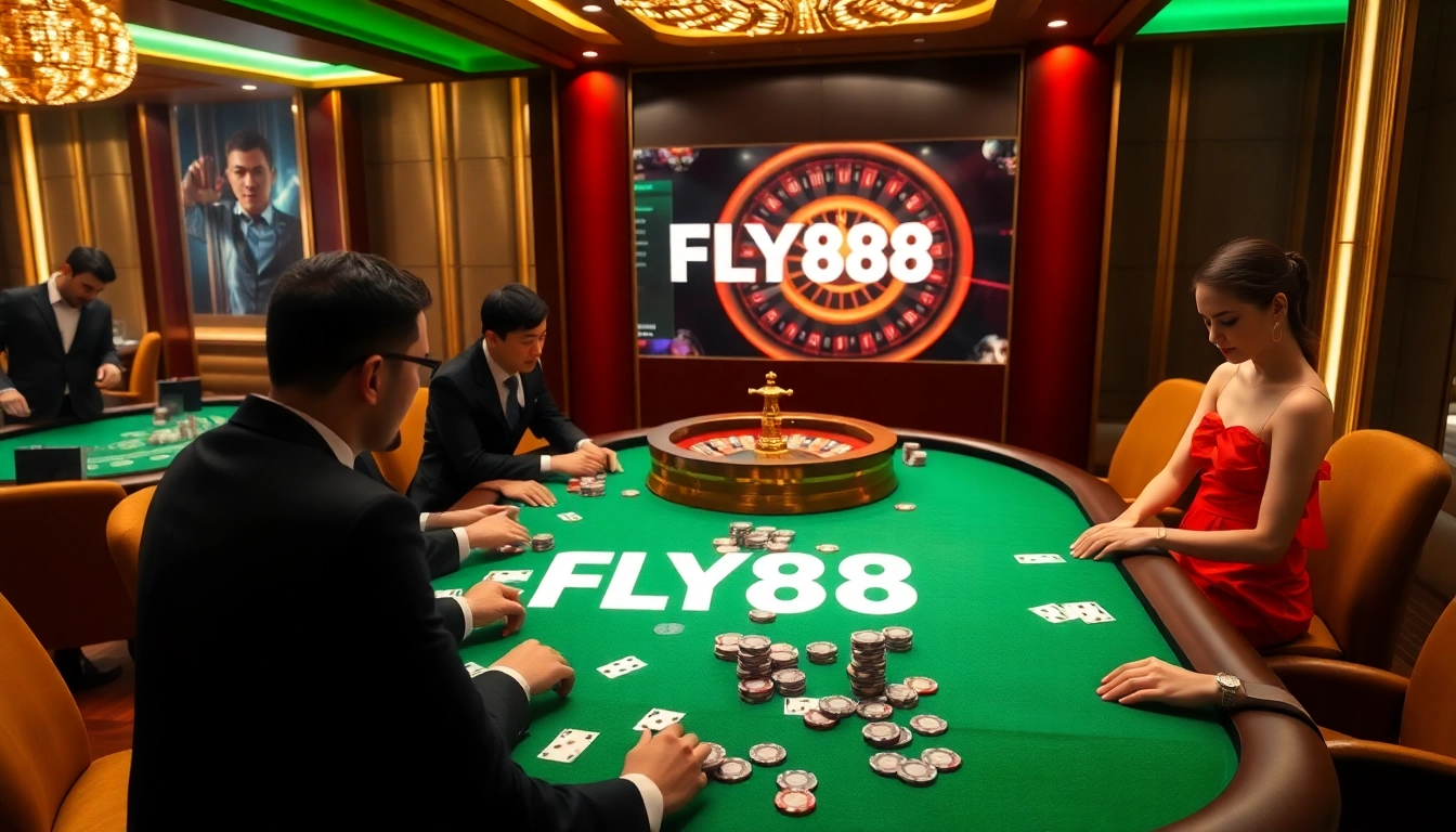 FLY88 poker table scene with players enjoying an exciting gamble in a luxurious casino setting.