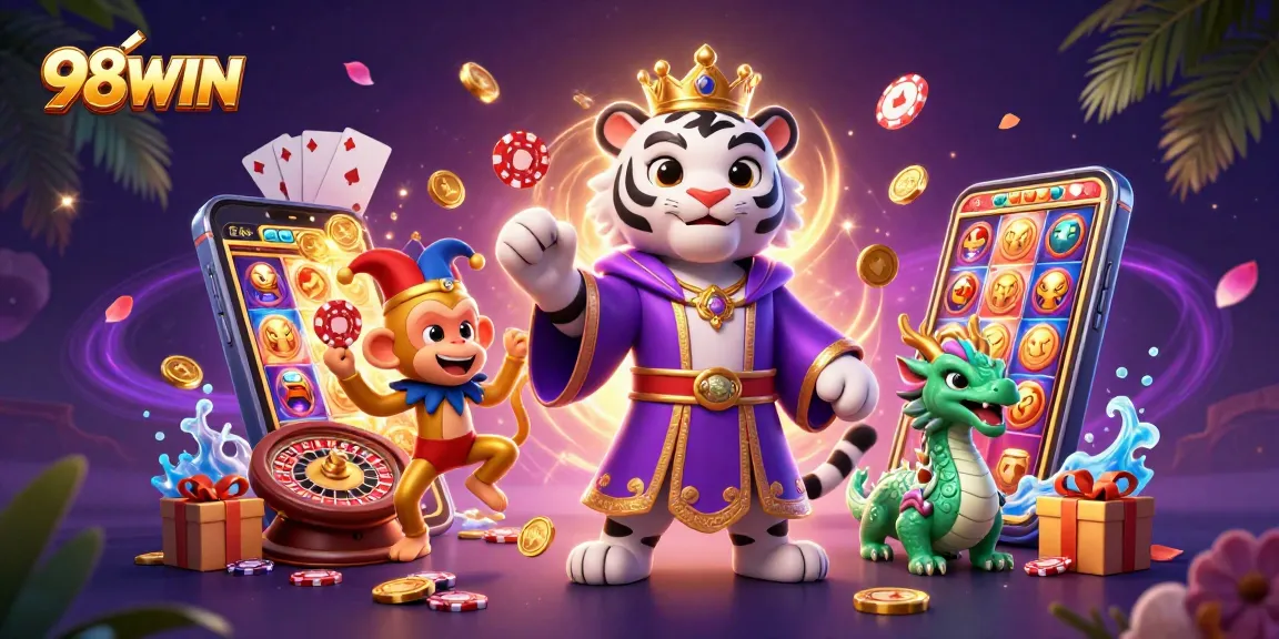 Engage with 98WIN's vibrant casino atmosphere, featuring a royal tiger and playful jester amid exciting gambling elements.