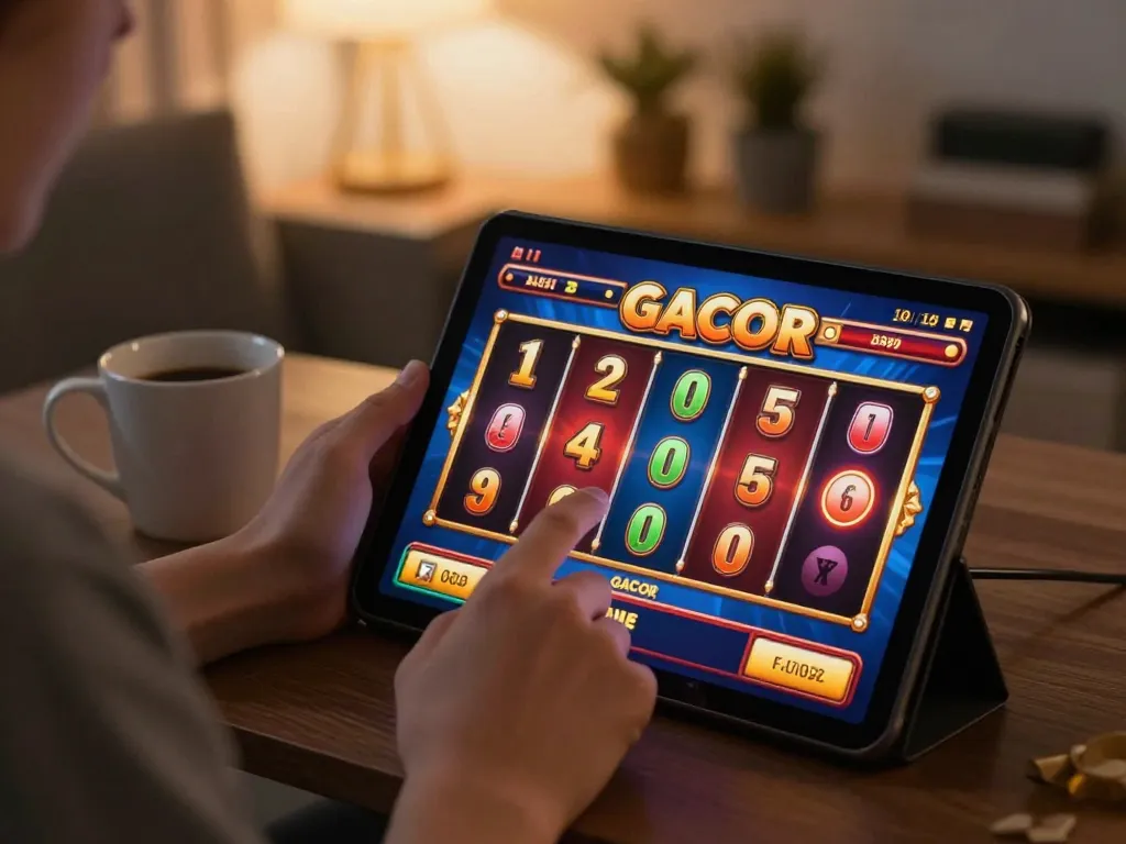 Engaging in a thrilling Slot Gacor game on a tablet in a cozy home setting, showcasing responsible online gaming.