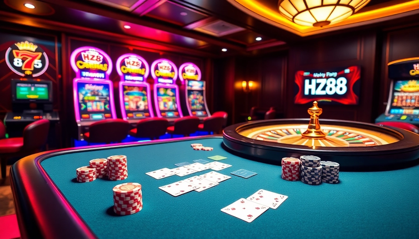 Experience thrilling gaming action with HZ88 at a luxurious online casino featuring poker tables and roulette.