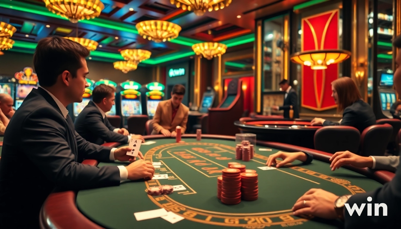 Players enjoying an exciting poker game at 11win casino with vibrant lights and stakes.
