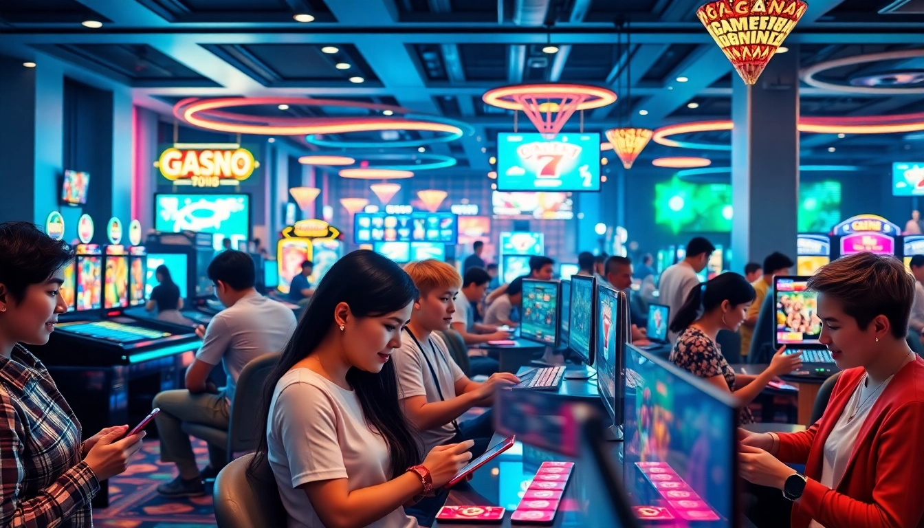 Engaging online gaming scene at go-88.us.com, showcasing players experiencing vibrant casino games on various devices.