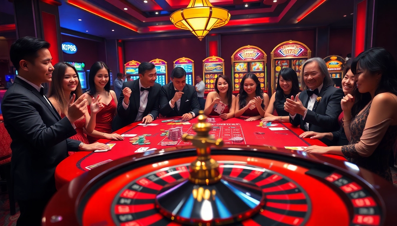 Players enjoying an exciting game at KP88 casino with vibrant poker chips and roulette wheel.