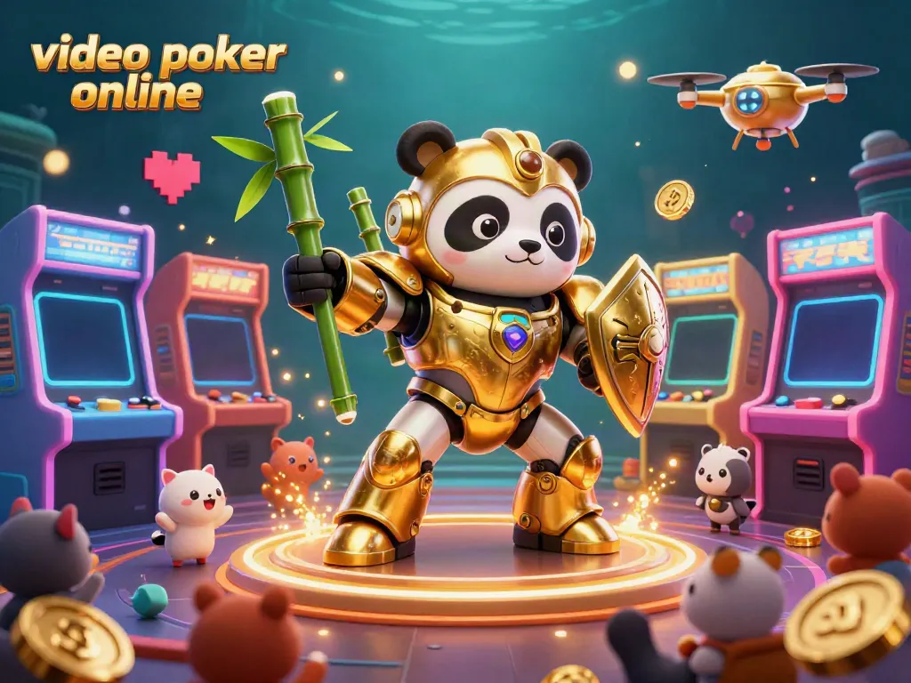 Experience thrilling video poker online in this vibrant 3D casino scene with a mech-suit panda and arcade elements.