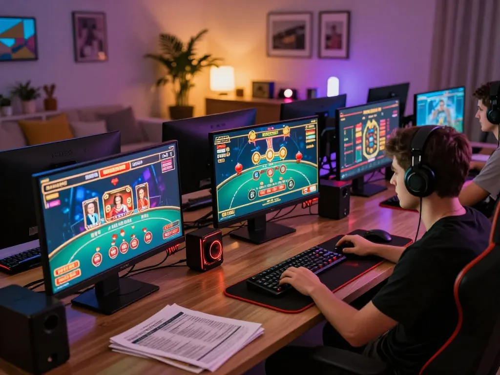 O8 player engaging in online casino games with multiple screens showcasing exciting gameplay.