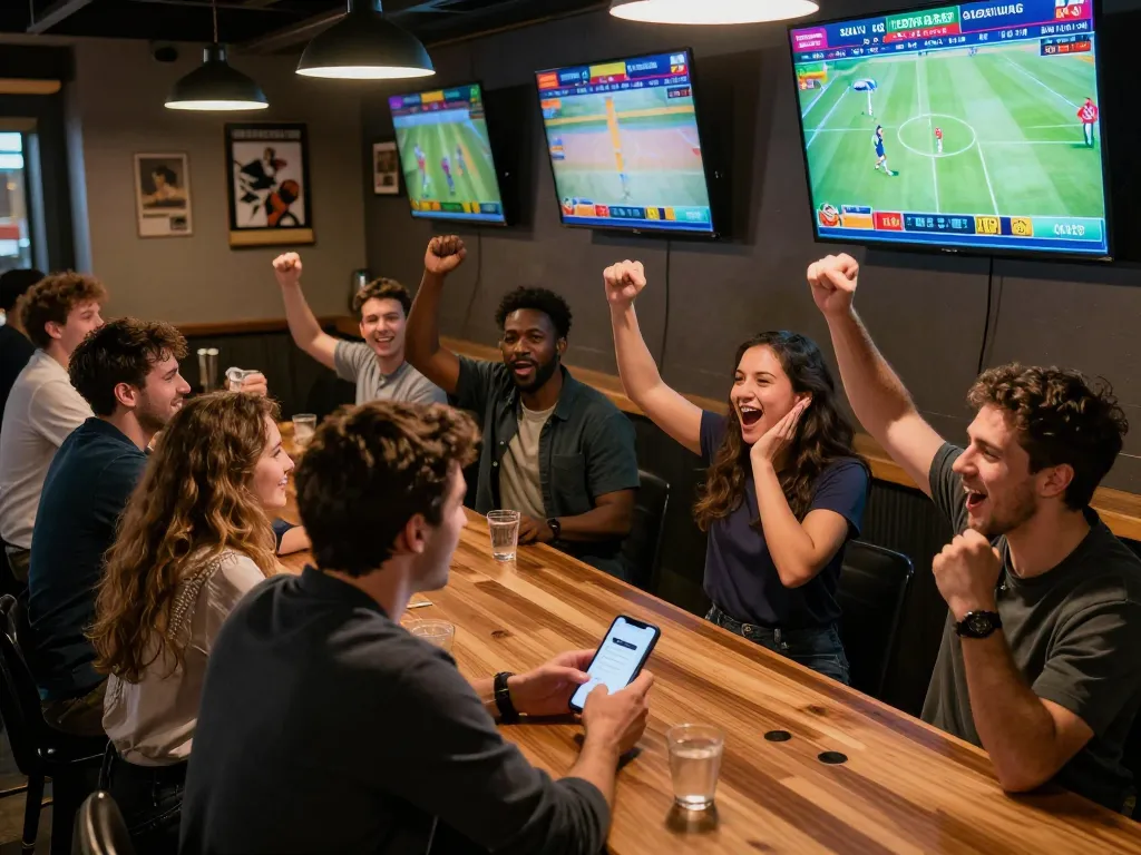 SIN88 patrons engaging in live sports betting at an exciting sports bar atmosphere