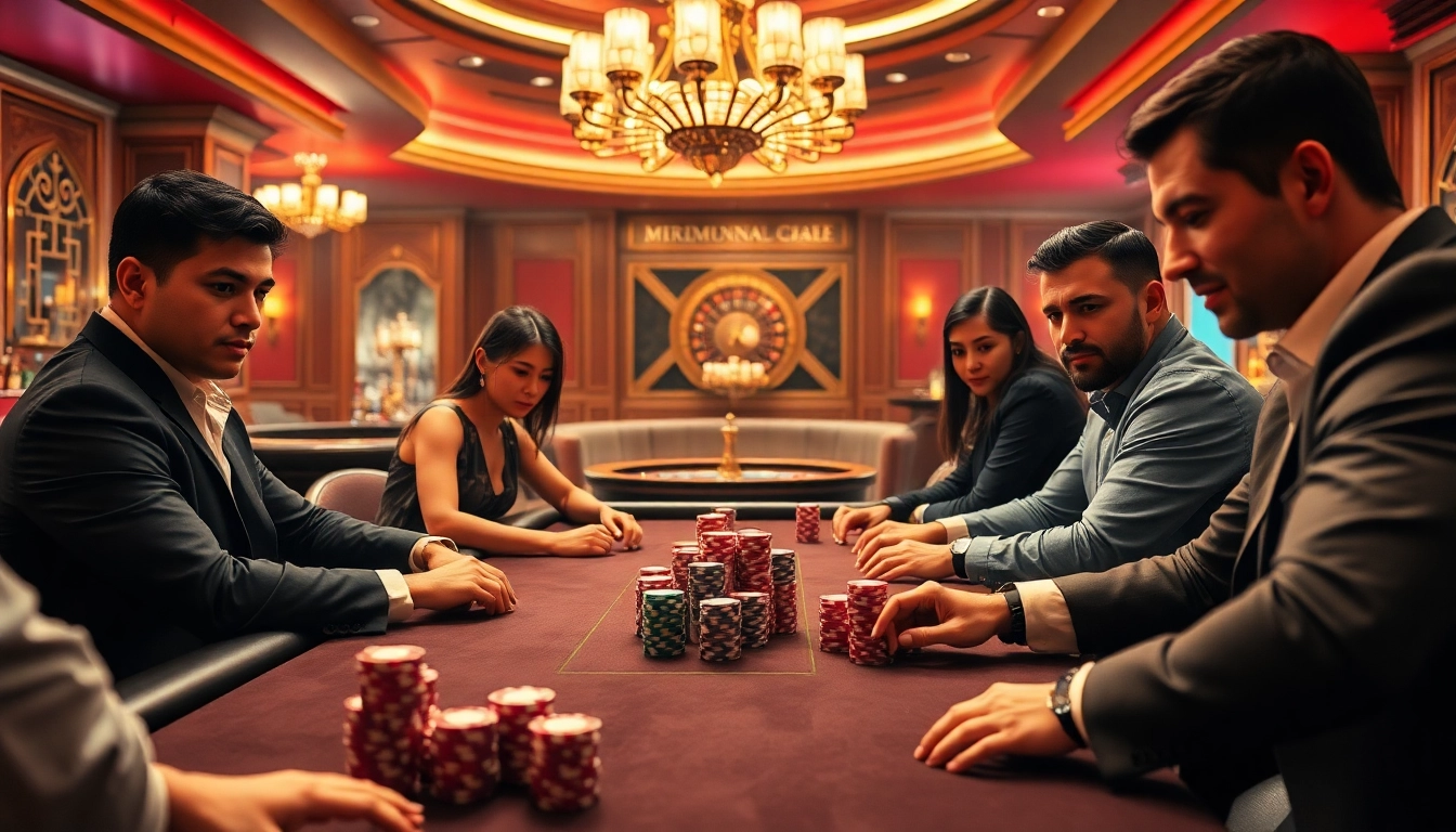Engaged players at a high-stakes poker table embody the excitement of VIPWIN CC, surrounded by colorful chips and a roulette wheel.