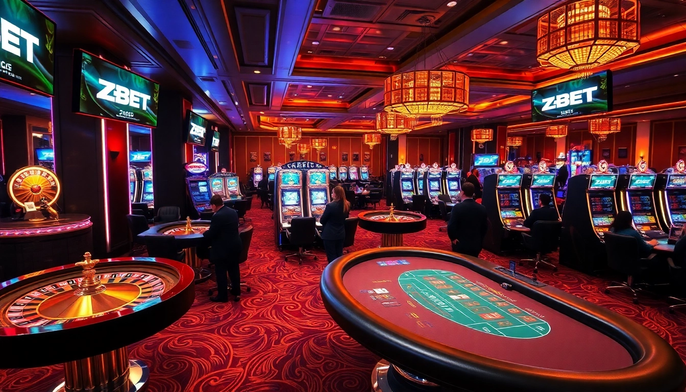 ZBET features vibrant casino action with poker tables and roulette wheels in a luxurious setting.