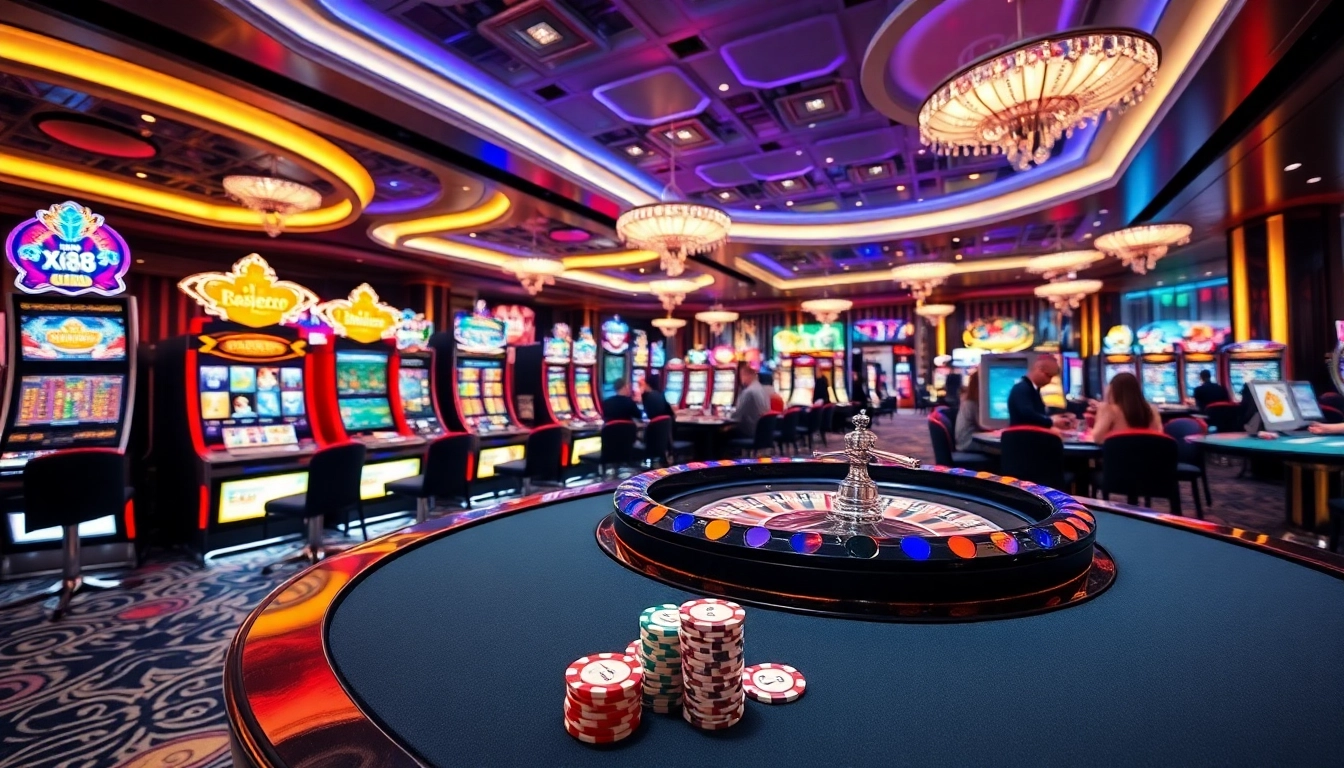 Players enjoy thrilling gaming experiences at Xin88’s luxurious casino with vibrant lights.