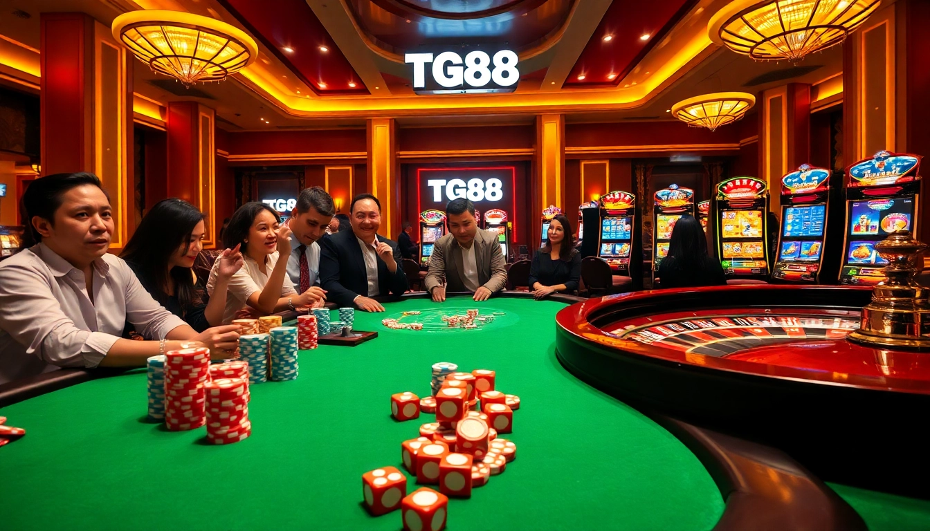 Engaged players enjoy a thrilling poker game at TG88, showcasing vibrant chips and dice.