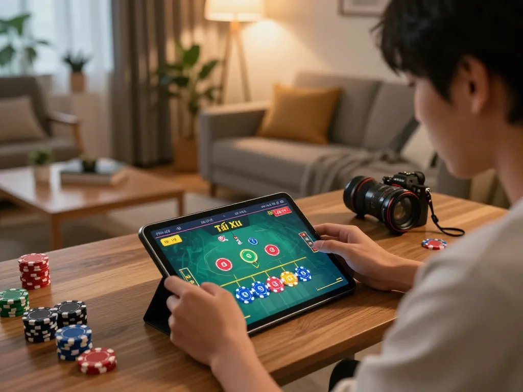Player engaging in Tài Xỉu online gaming with chips on tablet, showcasing intense focus and strategic betting