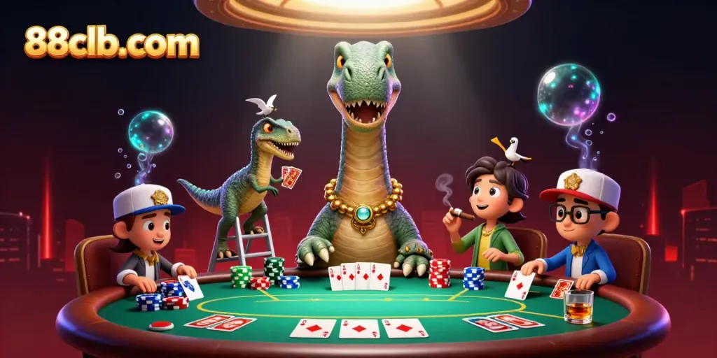 Win big at 88clb-com with a lively poker scene featuring a playful dinosaur and raptor