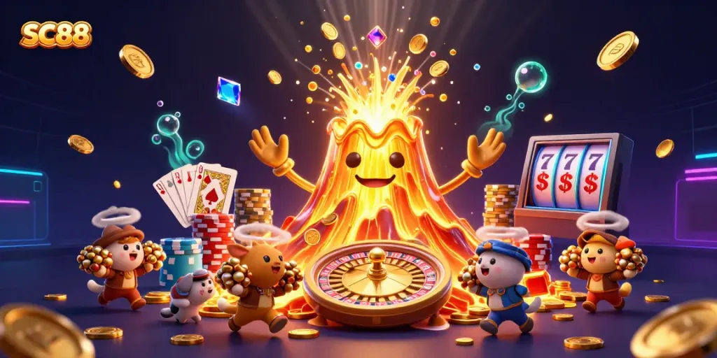 Win big at SC88 with a golden volcano erupting coins, dynamic casino elements, and animated treasure.