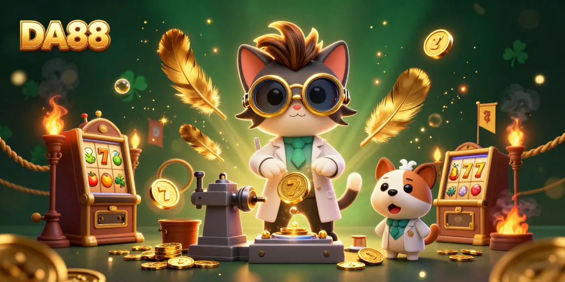 Spin the reels at DA88, where a playful scientist cat discovers gold coins in a dynamic casino scene.