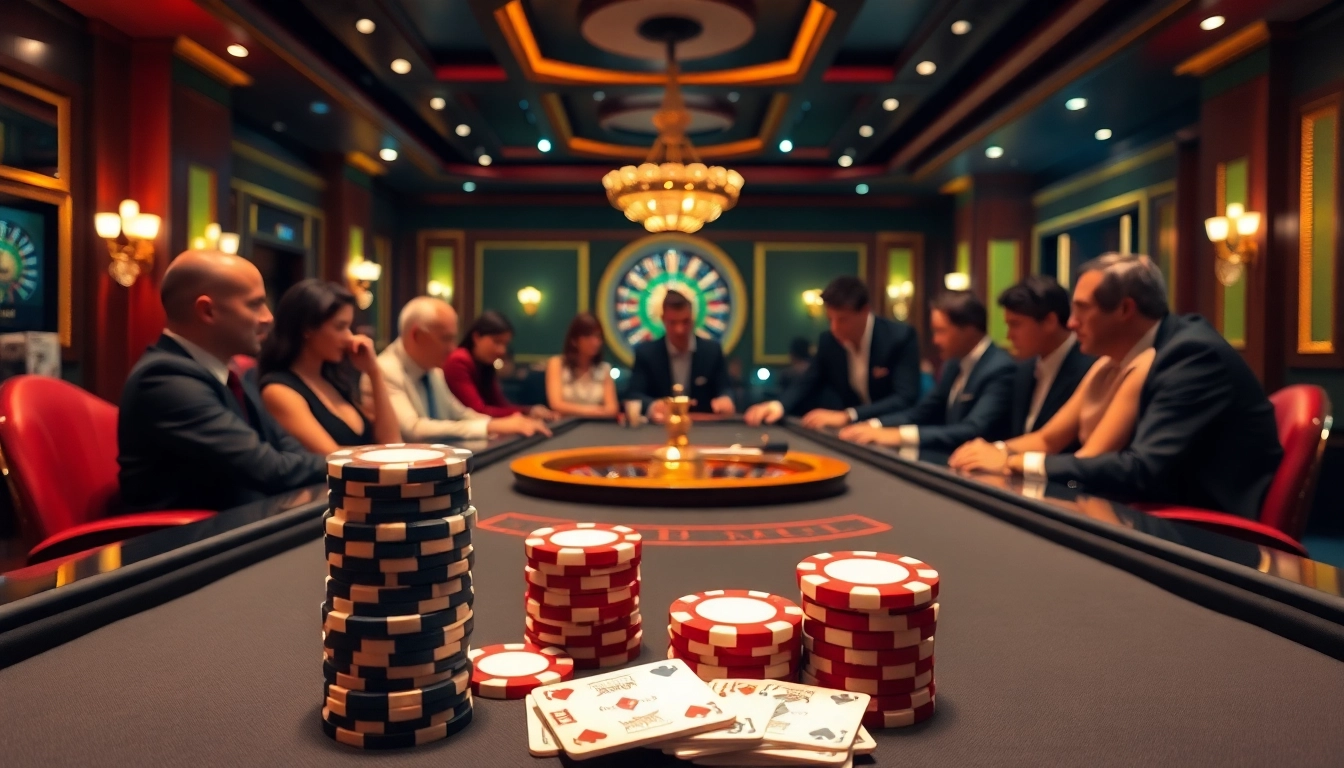Engaging poker game at tập đoàn KJC showcasing vibrant chips and a roulette wheel.