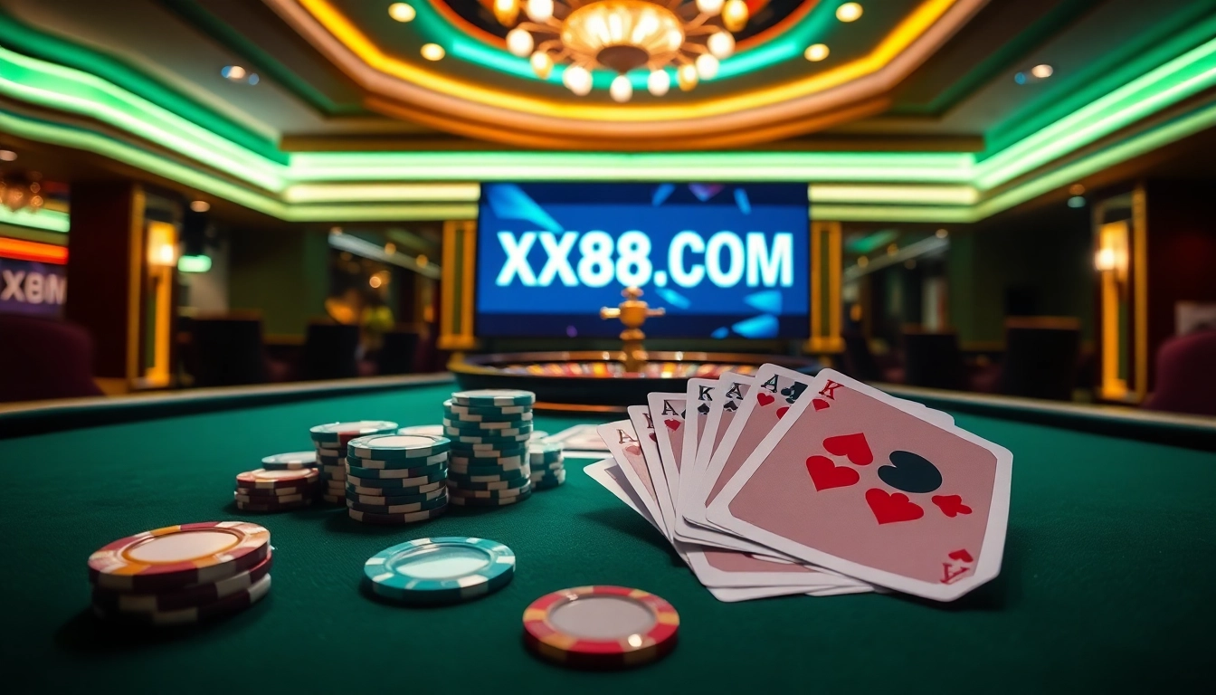 Experience the thrill of online gaming at XX88.COM with vibrant casino elements like poker chips and cards.