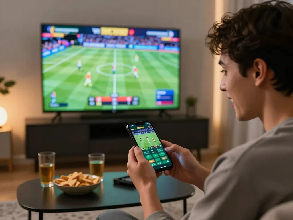 Engaged user placing bets on 78win sports app while watching live games.