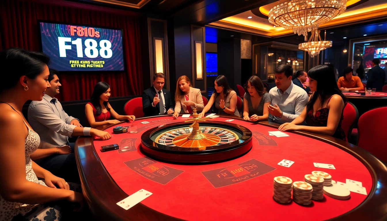 Exciting poker action at F168 casino table, filled with chips and engaged players