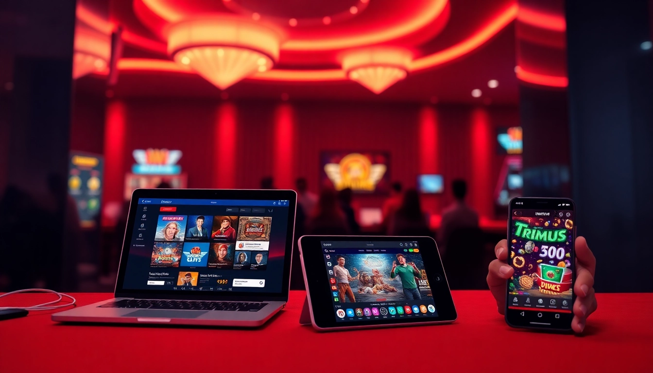 Dynamic gaming scene showcasing IWIN platform on devices with vibrant casino colors.