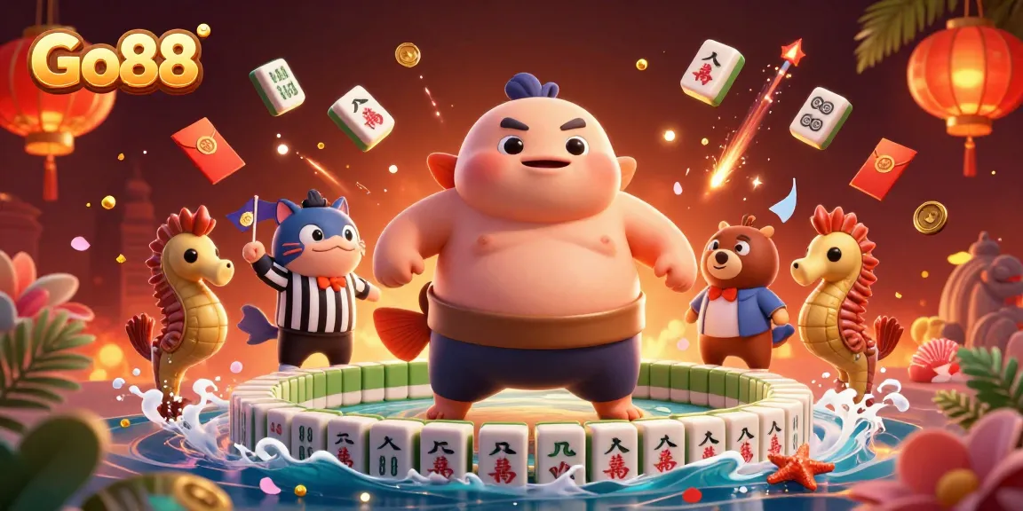 Go88 brings excitement with a fugu sumo match, surrounded by vibrant casino elements.