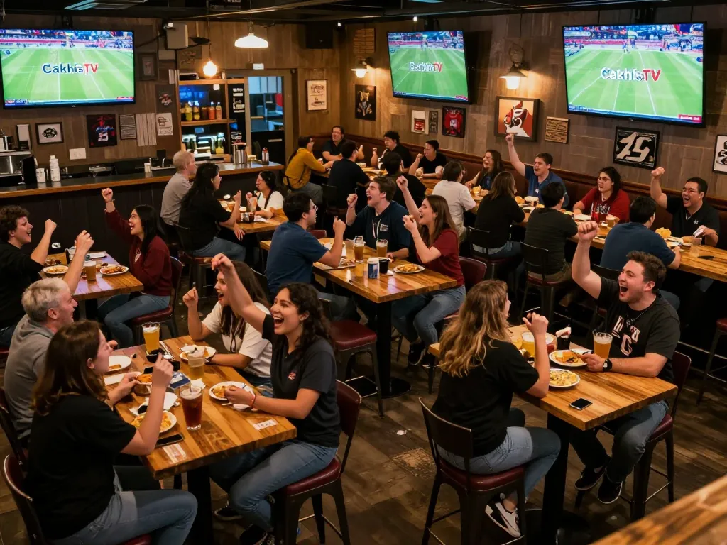 CakhiaTV fans cheering in a lively sports bar while watching live football matches, showcasing the excitement of sports betting.