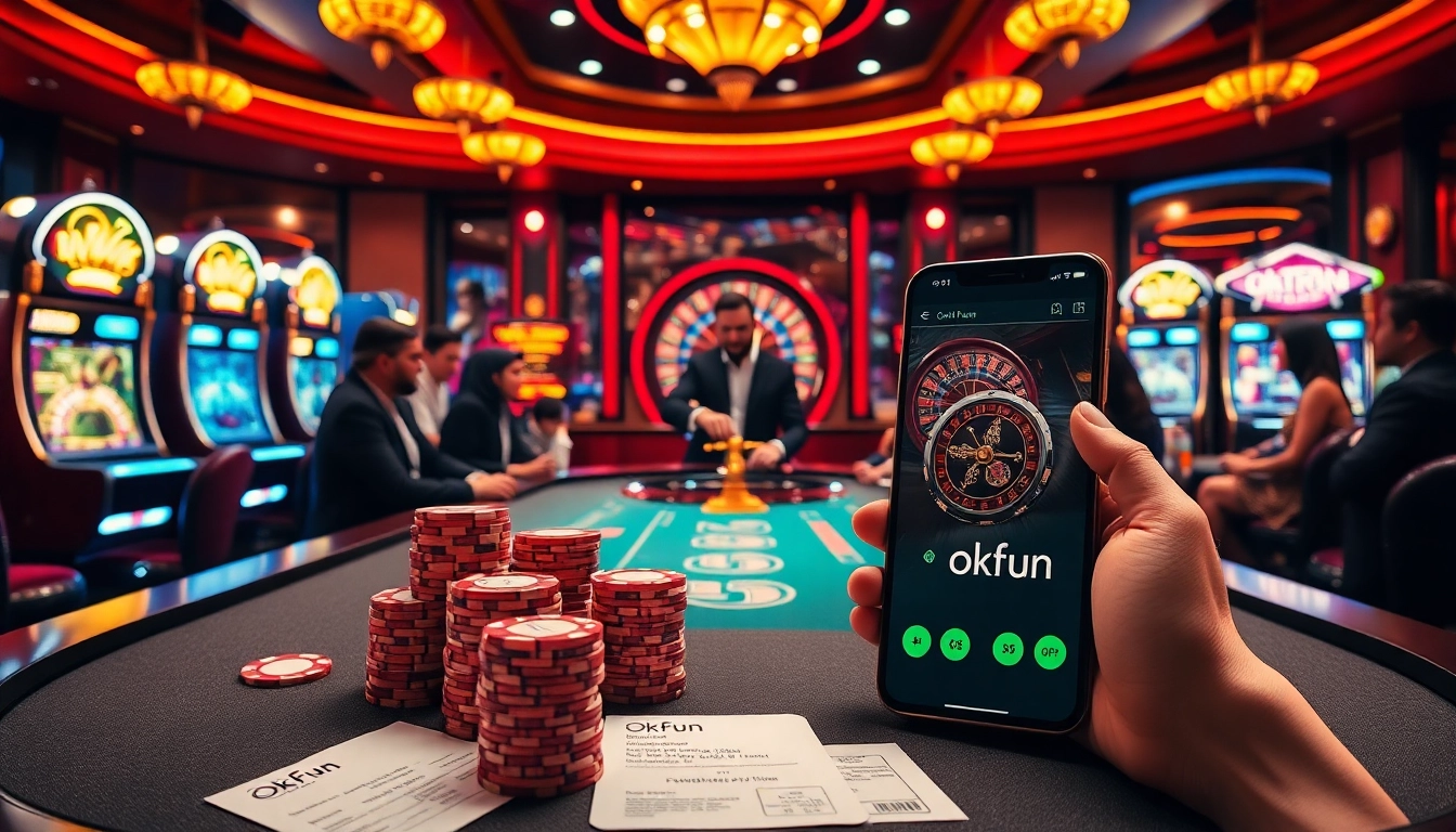 Exciting casino action at okfun with vibrant slot machines and a poker game in progress.