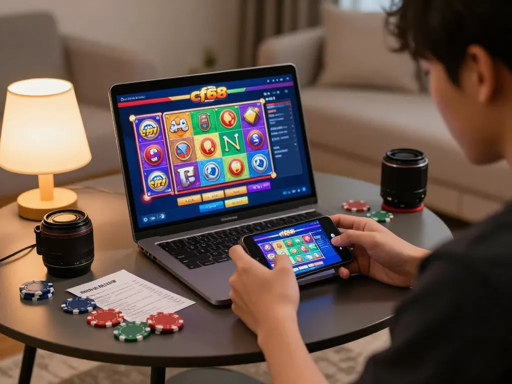 Player immersing in nhà cái cf68 casino gaming on smartphone, engaged in strategic betting.