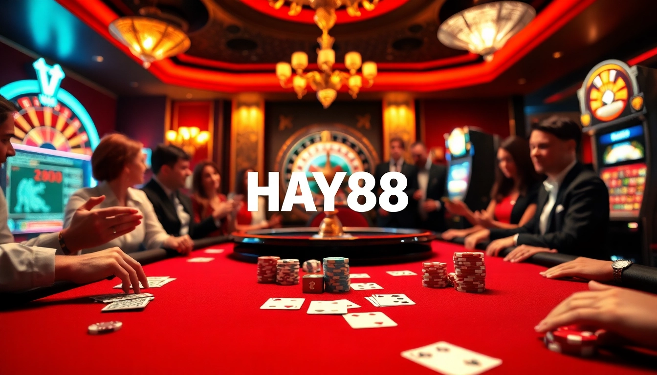 Experience thrilling gameplay at HAY88 with vibrant poker chips and a roulette wheel.