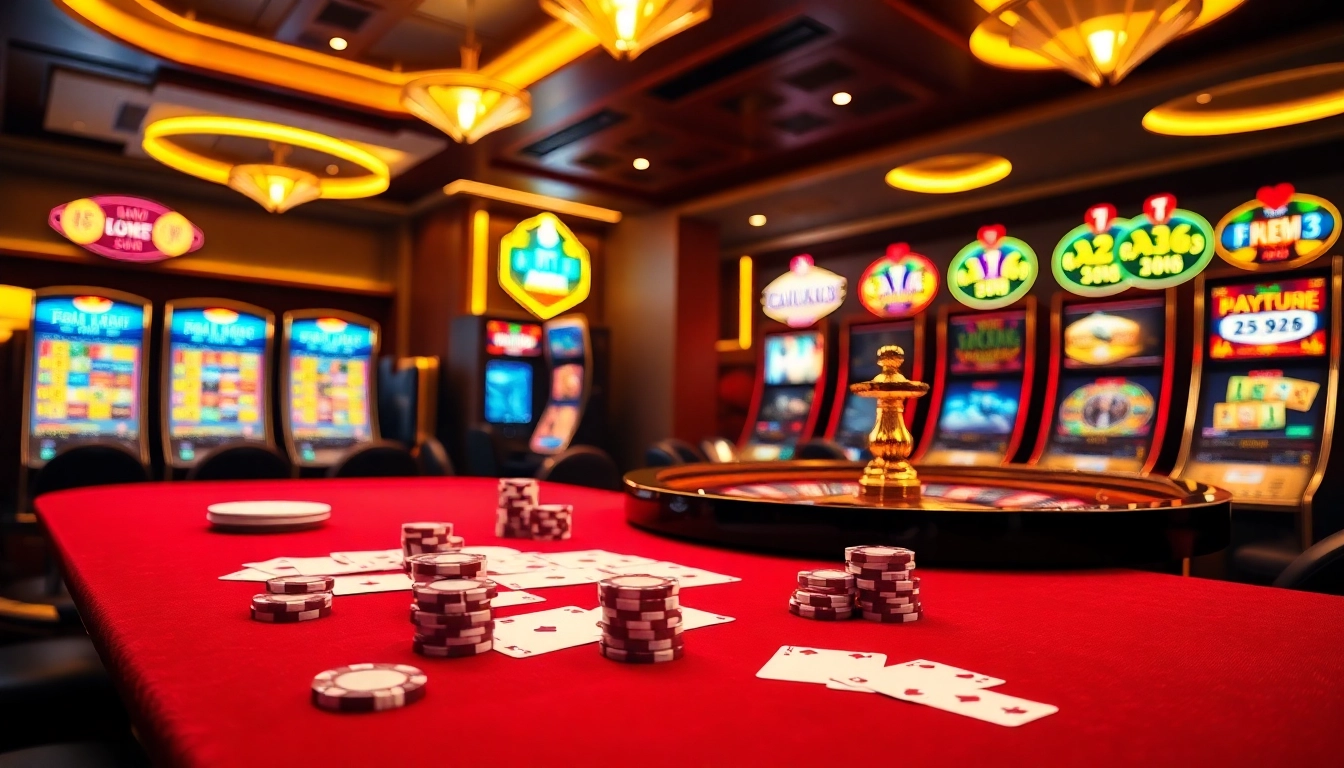 Experience thrilling gameplay at https://luck8k.cn.com with vibrant casino scenes showcasing poker tables and slot machines.