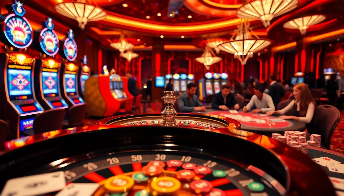 Experience the thrill of winning at 77ball cc with dynamic casino scenes featuring roulette and poker tables.