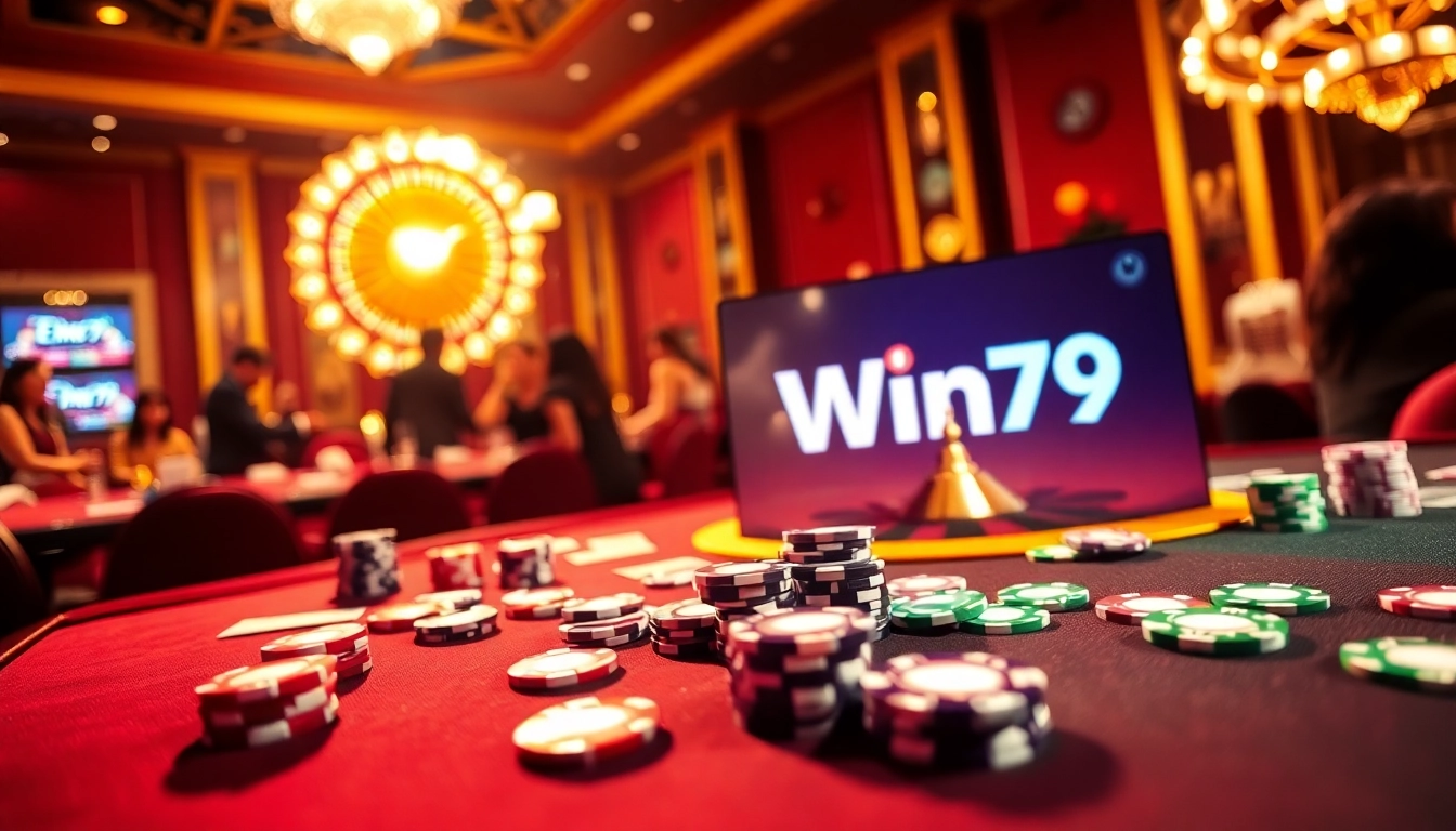 Winning at the Win79 casino table with colorful chips and cards in play.