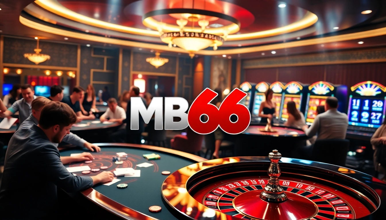 Exciting gambling scene featuring MB66 logo with casino tables, cards, and roulette wheel.