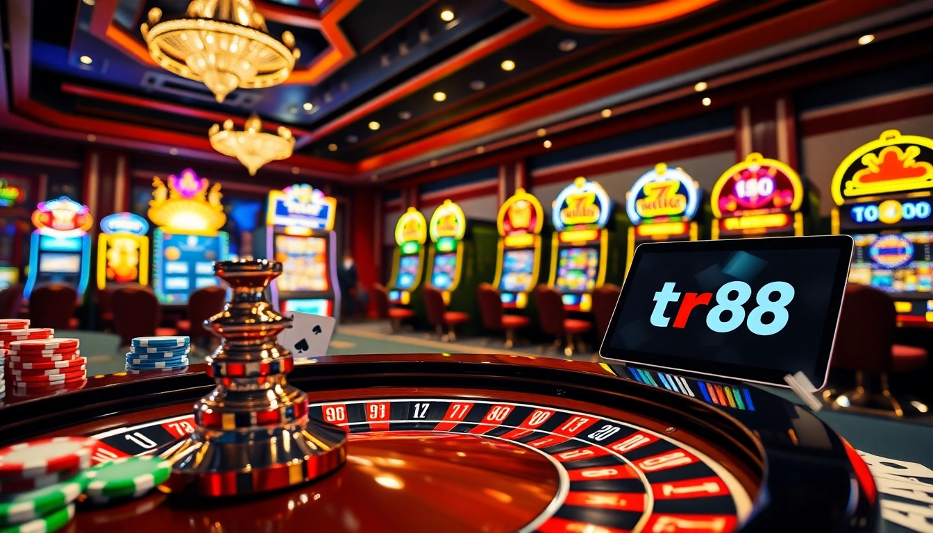 Engage with tr88 gaming excitement at a casino with roulette, poker chips, and vibrant slots.