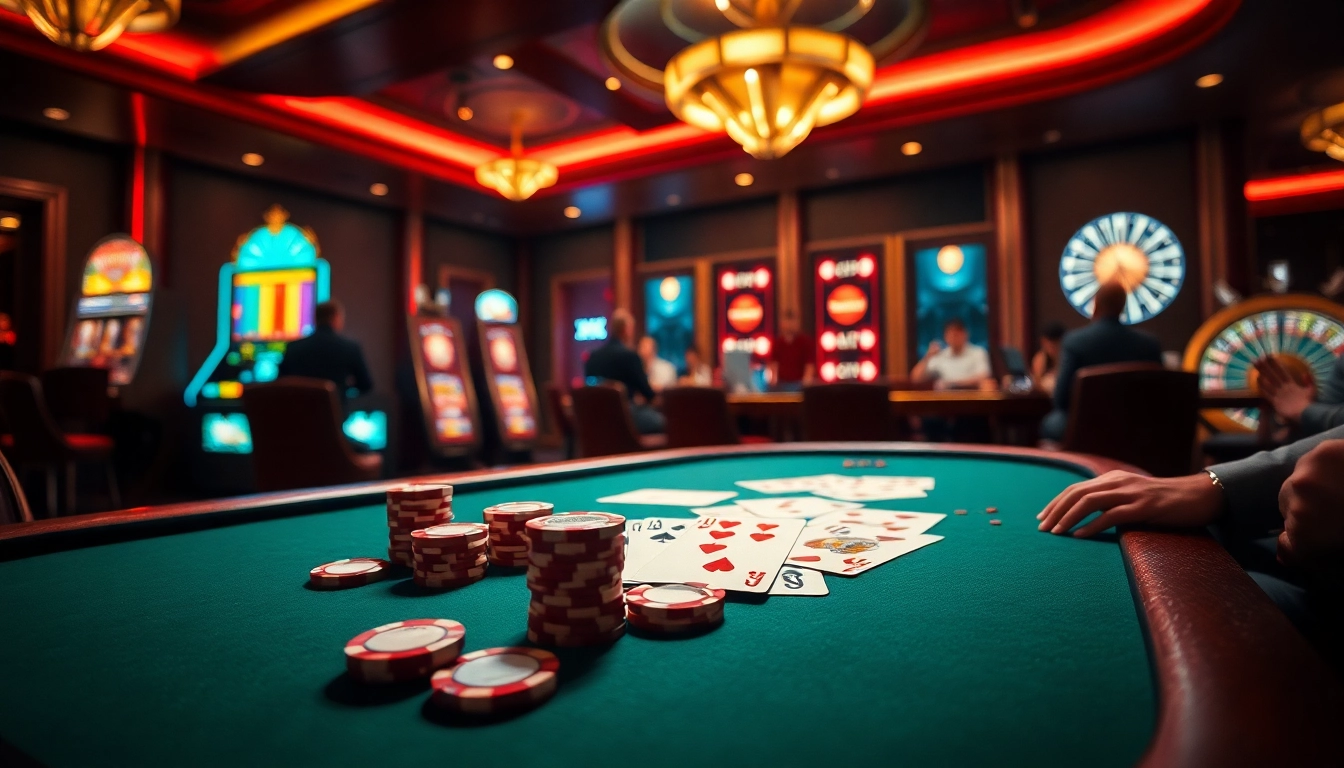 Engaged players at a high-stakes poker table in a luxurious casino environment, showcasing XX88 excitement.