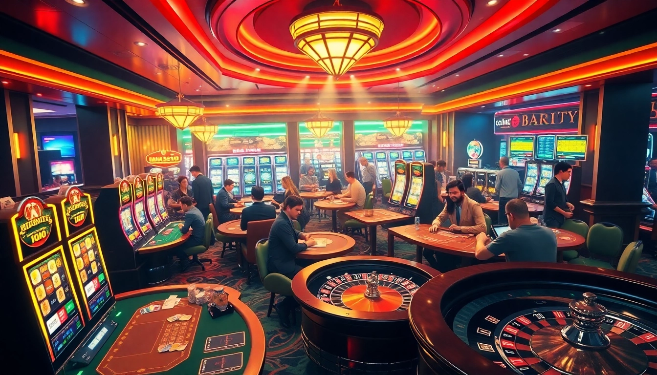 Experience the excitement of gaming at https://mm88-mm888.com/ with players enjoying poker and vibrant slot machines.