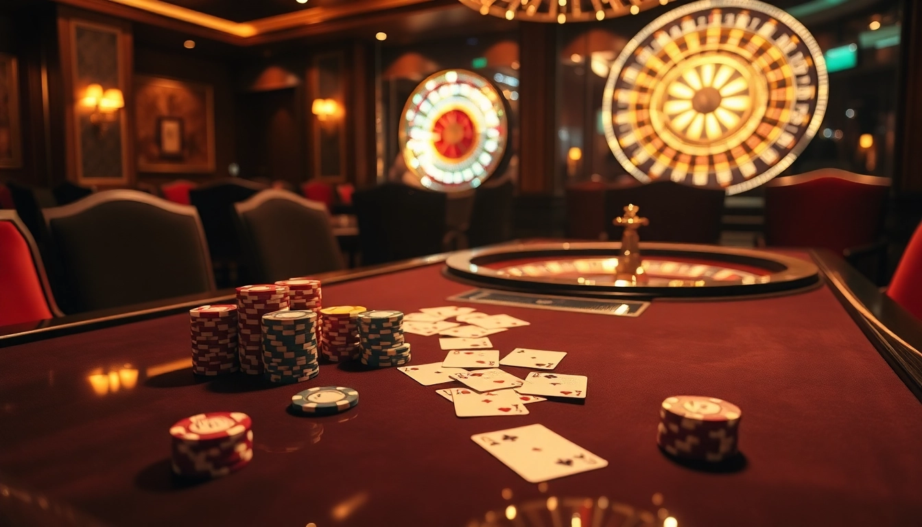 Experience the thrill of nohu90 with vibrant poker chips and a roulette wheel in a luxurious casino.