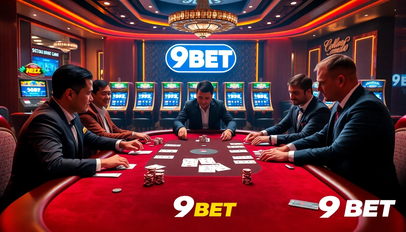 Experience the thrilling atmosphere of 9BET casino with excited players and vibrant gaming elements.